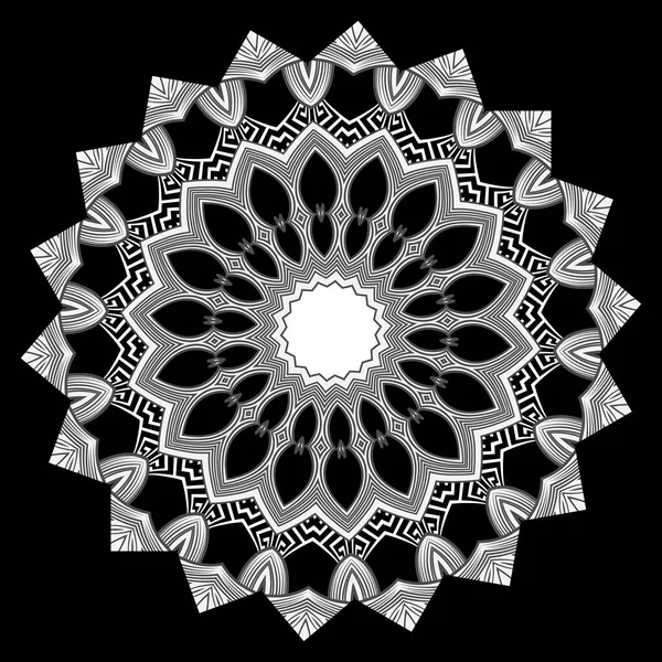Zwart Wit Bloemenzigzag Mandala Griekse Zigzag Ornamenten Decoratief Mooi Patroon — Stockvector