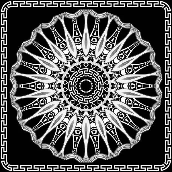 Schwarz Weißes Florales Mandala Muster Mit Quadratischem Rahmen Griechische Runde — Stockvektor
