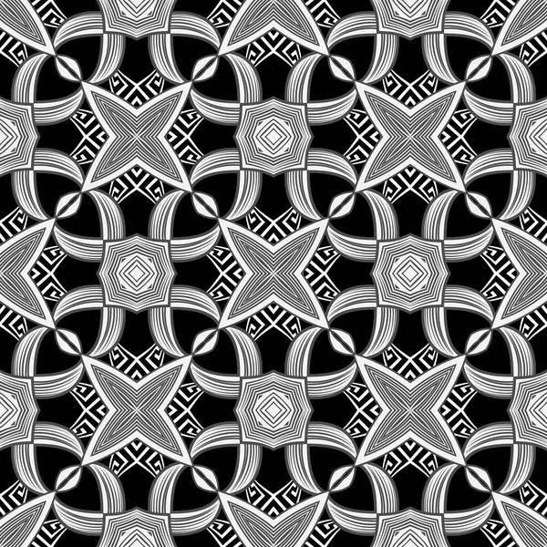 黒と白の幾何学的な部族ギリシャのベクトルシームレスなパターン エスニックスタイルの装飾抽象的な背景 幾何学形 ギリシャキー 蛇行と装飾伝統的な行の装飾 繰り返し — ストックベクタ