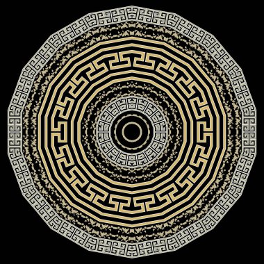 Yunan yuvarlak mandala deseni. Vektör süsleme arka planı. Grunge dijital çizgileri, soyut şekiller, daireler, çerçeveler, sınırlar ve Yunan kilit süsleri. Modern dokulu kabile arkaplanı.