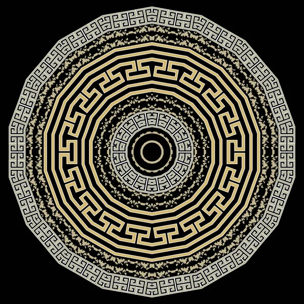 Yunan yuvarlak mandala deseni. Vektör süsleme arka planı. Grunge dijital çizgileri, soyut şekiller, daireler, çerçeveler, sınırlar ve Yunan kilit süsleri. Modern dokulu kabile arkaplanı.