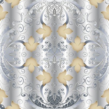 Gümüş 3D çiçeksiz desen. Barok tarzı süslemeli beyaz arka plan. Nilüfer çiçekleri, yapraklar. Şatafat Şam 'ın arka planını tekrarlıyor. Duvar kağıtları, düğün kartları, baskılar için dekoratif tasarım