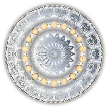 Gümüş 3D dantel mandala desenli. Barok tarzı vektör beyaz arkaplan. Klasik altın zambak çiçekleri, yapraklar. Lüks fon. İpek dokusu. Düğün kartları ve baskı için güzel yuvarlak süsler..