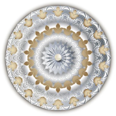Mandala desenli gümüş 3D çiçek deseni. Barok tarzı vektör arkaplanı. Klasik nilüfer çiçekleri, yapraklar, değerli taşlar, inciler. Lüks fon. Düğün kartları ve baskı için güzel yuvarlak süsler..