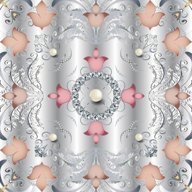 Gümüş 3D çiçeksiz desen. Barok tarzı mücevher beyaz arka plan. Nilüfer çiçekleri, yapraklar, inciler, değerli taşlar, elmaslar. Lüks arka plan tekrarlanıyor. Düğün kartları ve duvar için güzel bir süs.