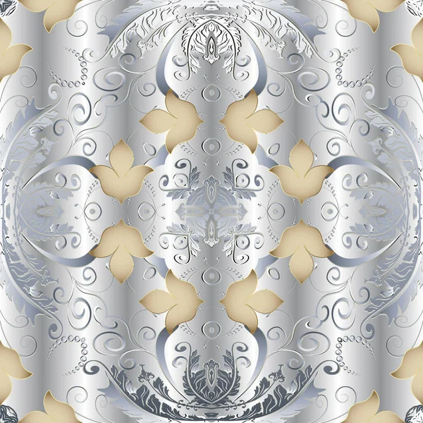 Silber Florales Nahtloses Muster Barock Stil Ornamentalen Weißen Hintergrund Vintage — Stockvektor