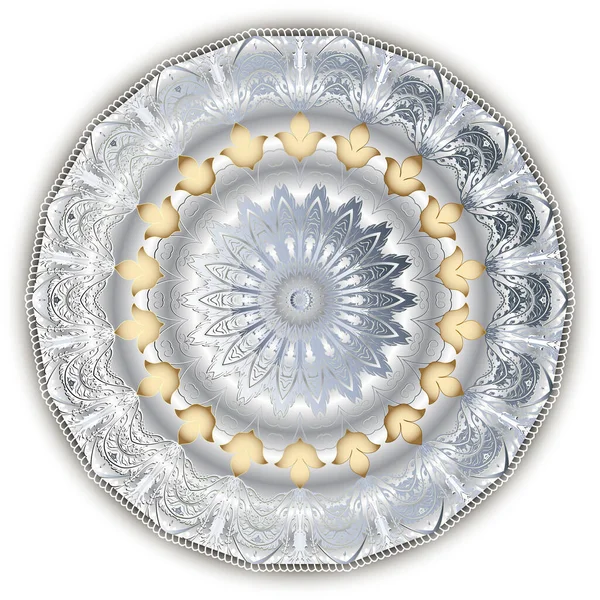 Gümüş 3D dantel mandala desenli. Barok tarzı vektör beyaz arkaplan. Klasik altın zambak çiçekleri, yapraklar. Lüks fon. İpek dokusu. Düğün kartları ve baskı için güzel yuvarlak süsler..