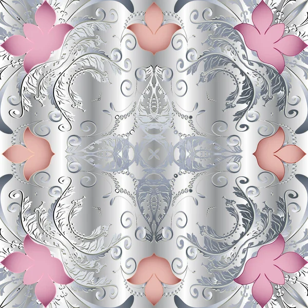 Gümüş 3D çiçeksiz desen. Barok tarzı süslemeli beyaz arka plan. Nilüfer çiçekleri, yapraklar. Lüks tekrar yüzey arkaplanı. Duvar kağıtları, düğün kartları, baskılar için dekoratif tasarım