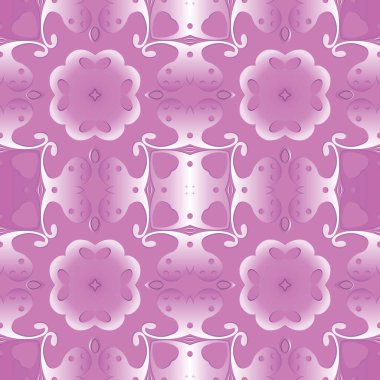 Üç boyutlu desensiz desen. Süslü, etnik bir geçmişi var. Dekoratif hafif mor arka plan. Zarif çiçekli süsler. Parlak desenli çiçekler, yapraklar, şekiller, çizgiler.