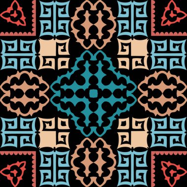 Tartan Rum vektörü kusursuz desen. Soyut kabile etnik arabesk tarzı geçmiş. Çizgiler ve şekillerle renkli Arapça arkaplanı tekrarla. Yunan anahtarı geometrik ekose süsleme. Modern tasarım