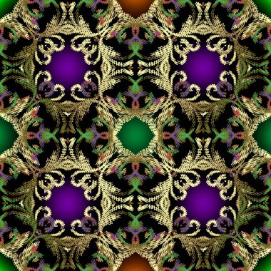 Kalıplı altın rengi Barok çiçekli, dikişsiz desen. Örtü vektör arka planı. Grunge arka planı tekrarlıyor. Nakışlı, kaliteli Şam süsü. Renkli işlemeli çiçekler, yapraklar, çizgiler. Lüks dekoratif tasarım