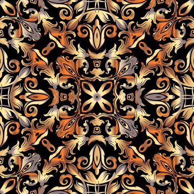 Klasik altın rengi barok desenli. Lüks süs çiçekli bir geçmişi var. Dekoratif Damask arkaplanını tekrarla. Sonbahar renkleriyle süslenmiş güzel süsler. Viktorya dönemi barok tarzı çiçekler, yapraklar.