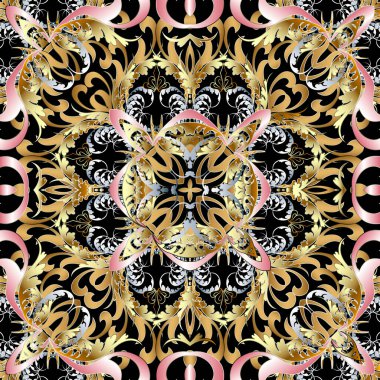 Altın çiçekli, 3 boyutlu, pürüzsüz desen. Süslü, lüks bir geçmişi var. Dekoratif arkaplanı tekrarla. Barok eski tarz süsler. Klasik çiçekler, yapraklar. Yüzey dokusu. Dekoratif tasarım. Duvar kağıdı, kart.