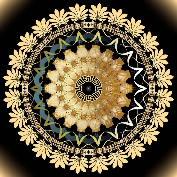 Altın çiçek. Lüks altın çiçekli mandala deseni. Barok tarzı vektör arkaplanı. Altın arabesk klasik süsü. Güzel dekoratif tasarım. Modern desenli arka plan. Yunan yuvarlak çerçevesi.