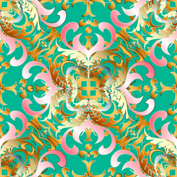 Altın çiçekli, pürüzsüz desen. Süslü yeşil arka plan. Dekoratif arkaplanı tekrarla. Barok eski tarz süsler. Klasik çiçekler, yapraklar. Yüzey dokusu. Dekoratif tasarım. Duvar kağıdı, kart.