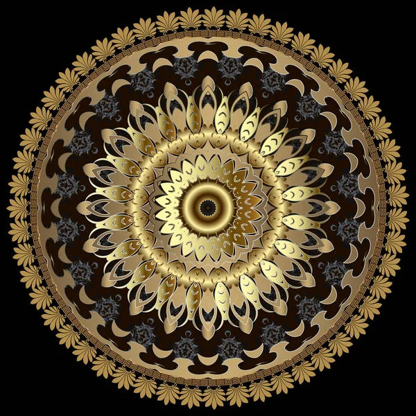 Altın çiçek. Lüks altın çiçekli 3 boyutlu mandala deseni. Barok tarzı vektör arkaplanı. Altın arabesk klasik süsü. Güzel dekoratif tasarım. Modern desenli arka plan. Yunan yuvarlak çerçevesi