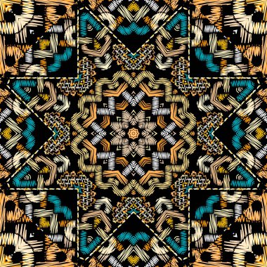 Kelt stili, pürüzsüz desen. Renkli duvar halısı arka planı. Grunge rengarenk arkaplanı tekrarla. Karmaşık süsler. Süslü halı dokusu. Soyut şekiller, çizgiler, düğümler, eğriler.