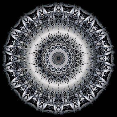 Barok 3d mandala deseni. Vektör çiçekli arka plan. Gösterişli duvar kâğıdı. Siyah gümüş parşömen yaprakları, çiçekler ve Barok Viktorya tarzı antika süsler. Yüzey dokusu. Damask dekoratif tasarımı.
