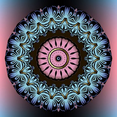 Çiçekli, yuvarlak mandala. Etnik tarz renkli desen. Süslü vektör arka planı. Dekoratif dekorasyon tasarımı. Güzel zemin. Soyut çiçeklerle süslenmiş, çiçekli bir çerçeve. Dekorasyon dokusu.