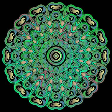 Şal desenli. Renkli çiçek mandala. Süslü vektör arka planı. Dekoratif, yuvarlak yeşil süsler desenli çiçekler, yapraklar, çizgiler, şekiller, çerçeve. Folklorik etnik tarz tasarımı.