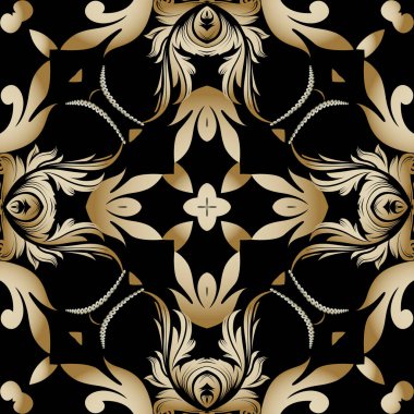 Eski, dikişsiz desen. Çiçek süsleme vektörü Damask arka planı. Barok tarzı arkaplanı tekrarla. Altın çiçekler, yapraklar. Güzel süs. Zarif bir tasarım. Duvar kağıtları, kumaşlar, baskılar için..