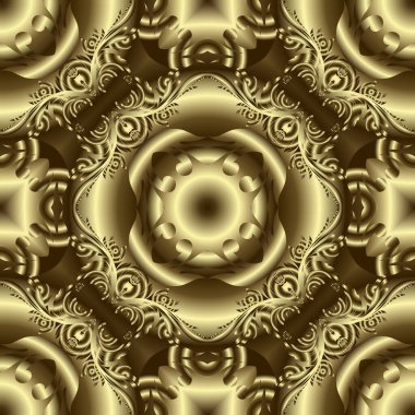 Lüks altın 3D kusursuz desen. Altın süslemeli çiçek vektör arka planı. Dekoratif arka plan desenli. Altın yüzey modern süs. Güzel, zarif çiçekler, yapraklar, şekiller, çizgiler..