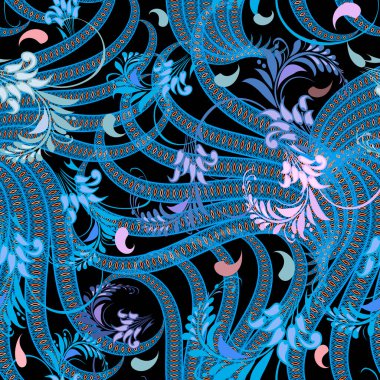 Paisley dikişsiz desen. Çiçeksel vektör renkli arka plan. Tekrarlanan kabile tarzı arka plan. Şallı çiçeklerle, yapraklarla, dalga çizgileriyle, kıvrımlarıyla, şekilleriyle güzel bir fantezi süsü. Dekorasyon tasarımı.