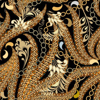 Paisley dikişsiz desen. Çiçeksel vektör renkli arka plan. Tekrarlanan kabile tarzı arka plan. Mayalı çiçeklerle, yapraklarla, zincirlerle, dalga çizgileriyle, kıvrımlarıyla, şekilleriyle güzel fantezi süsleri..