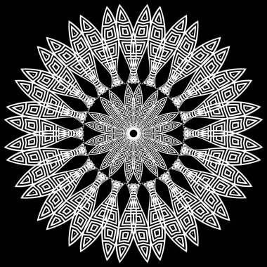 Siyah-beyaz Yunan tarzı mandala deseni. Soyut çiçek. Etnik süsleme vektör arka planı. Dekoratif fon. Yunan anahtarı, dolambaçlı süs. Güzel dekoratif tasarım. Şablon.