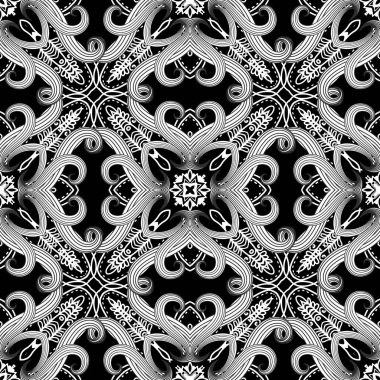 Siyah ve beyaz karmaşık, kusursuz fantezi kalıpları. Çiçek süsleme etnik geçmişi. Vektör kabile arkaplanını tekrarla. Soyut karalama çizgisi çiçek, yaprak, noktalı çizgiler ve şekillerle süslenir..