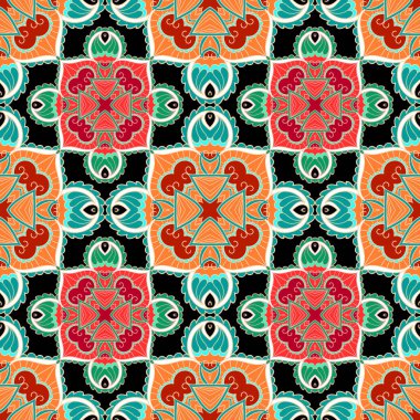 Çiçekli, pürüzsüz bir örnek. Renkli kabile vektör geçmişi. Ekose folklorik arka planı tekrarla. Paisley çiçek süsleri. Kumaş, baskılar, kartlar, duvar kağıtları için parlak karışık dekoratif tasarım.