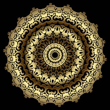 Altın rengi Barok 3D mandala deseni. Çiçeksel süs arka planı. Zarif vektör Damask tarzı arka plan. Kraliyet altın yuvarlak süsü. Klasik altın çiçekler, yapraklar. Yüzey dokusu. Dekorasyon tasarımı.