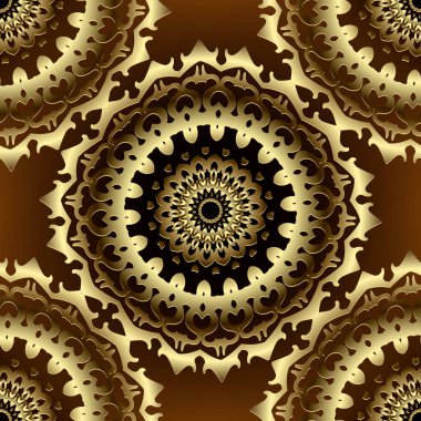 Altın lüks 3D kusursuz desen. Çiçeksel mandalas arka planı. Arap vektör arkaplanını tekrarla. Klasik altın çiçeklerle, yapraklarla, dairelerle süslenmiş kraliyet süsü. Yüzey dokusu. Dekorasyon tasarımı.