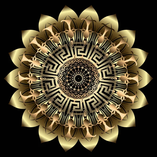 金の豪華な3Dマンダラパターン 花飾りの背景 新生ベクトル民族ギリシャスタイルの背景 ロイヤルゴールドラウンドオーナメント ヴィンテージの黄金の花 ギリシャの鍵だよ 表面の質感 — ストックベクタ