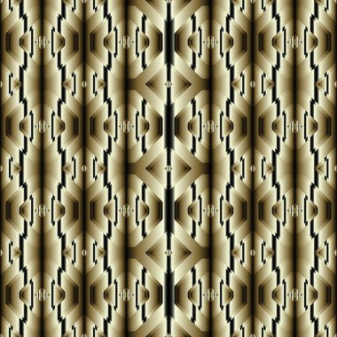Altın desenli 3d geometrik dikişsiz desen. Çizgili süslemeli arka plan. Yüzey vektör arkaplanı. Modern grunge geometrik deko efektlerle süslenmiş. Lüks, zarif bir tasarım. Sonsuz doku.