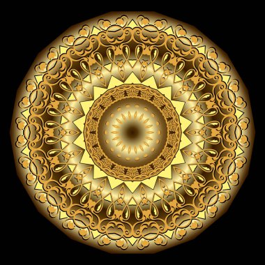 Altın barok yuvarlak 3D mandala deseni. Süslü Deco arka planı. Klasik çiçekli altın süsler. Lüks fon. Daireli, çiçekli, yapraklı, çerçeveli, kenarlıklı güzel altın vektör tasarımı.