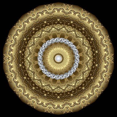 Altın Barok mücevher 3d mandala deseni. Süslü Deco arka planı. Altın sarısı, klasik çiçek süsü. Lüks fon. Elmaslı, çiçekli, yapraklı, çerçeveli, kenarlıklı güzel vektör tasarımı.