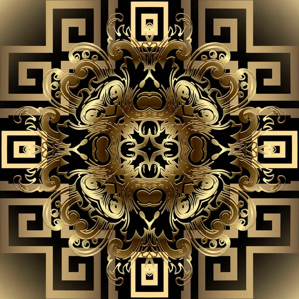 バロック様式の3Dギリシャシームレスパターン 花飾りの背景 ベクトルギリシャの背景を繰り返します ヴィンテージの黄金の花 蛇行と幾何学的な金の装飾 モダンな華やかな高級デザイン — ストックベクタ