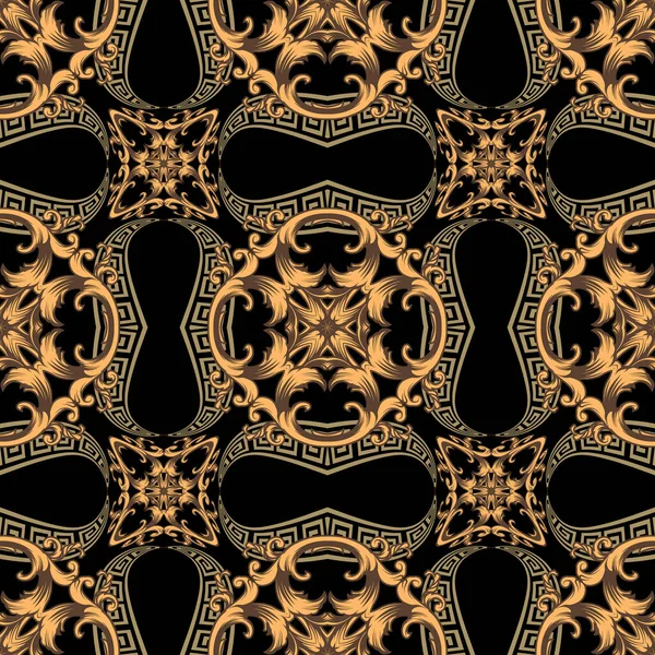現代的なシームレスパターン 花飾りの背景 ベクトルギリシャの背景を繰り返します ヴィンテージバロック様式の花 曲線を持つ幾何学的な黄金の装飾 美しい華やかなデザイン — ストックベクタ