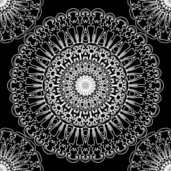 Çiçekli Yuvarlak Pürüzsüz Mandalalar Siyah Beyaz Süslemeli Vektör Arka Planı — Stok Vektör
