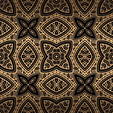 Şatafatlı, çiçekli, dikişsiz bir desen. Altın çiçek süsü. Dekoratif güzel desenler. Süslü vektör arka planı. Etnik tarz arka plan tekrarı. Noktalarla, dairelerle, deliklerle, şekillerle süslemeli tasarım