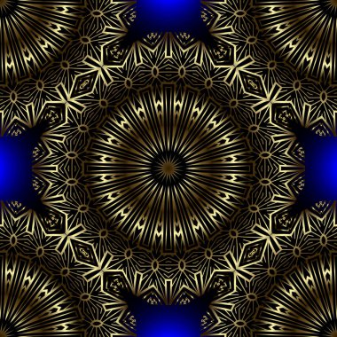 Çiçekli altın mandalalar pürüzsüz desenli. Altın çiçek süsü. Dekoratif güzel radyal desenler. Parlak arka plan süslemeli vektör. Etnik tarz arka plan tekrarı. Lüks tasarım.