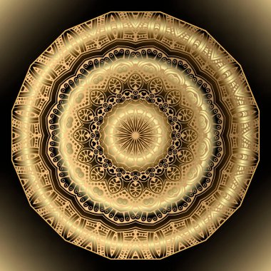 Çiçekli altın 3d mandala deseni. Altın çiçek desenli dantel süsü. Dekoratif güzel yüzey desenleri. Parlak arka plan süslemeli vektör. Etnik tarz arka plan. Süslü lüks dantel tasarımı.