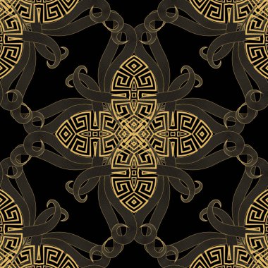 Güzel altın çizgiler süslemeli Yunan çiçekli, etnik, pürüzsüz desenli. Elle çizilmiş modern süsler Yunan anahtarlarıyla, çiçeklerle, girdaplarla. Siyah vektör modayı. Altın çizgi sanat tasarımı