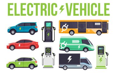 Şarj istasyonları olan arabalar, otobüs, minibüs ve kamyon seti, temiz enerji, ekolojik ulaşım, sıfır emisyon ve sürdürülebilir hareketliliği simgeliyor.