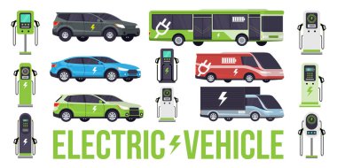 Şarj istasyonları olan arabalar, otobüs, minibüs ve kamyon koleksiyonları, temiz enerjiyi sembolize eden çevre dostu ulaşım ve sürdürülebilir hareketlilik.
