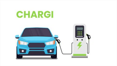 Enerji verimliliğini, yenilenebilir gücü, temiz teknolojiyi, sıfır emisyonu ve sürdürülebilir ulaşımı sembolize eden,% 0 'dan% 100' e şarj olan mavi elektrikli bir arabanın videosu.