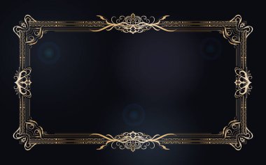 Zarif dekoratif altın çerçeve, koyu arkaplanda karmaşık klasik çiçek süslemeleri, davetiyeler, menüler, tebrik kartları, ambalajlar ve sertifikalar için mükemmel..