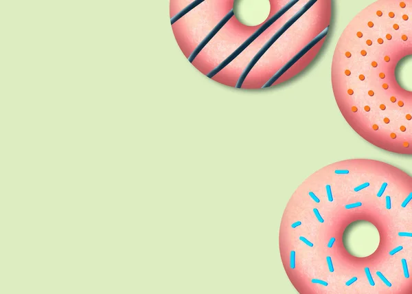 Delicious pink donuts. Tasty bakery product. Colorful food design. Illustration.