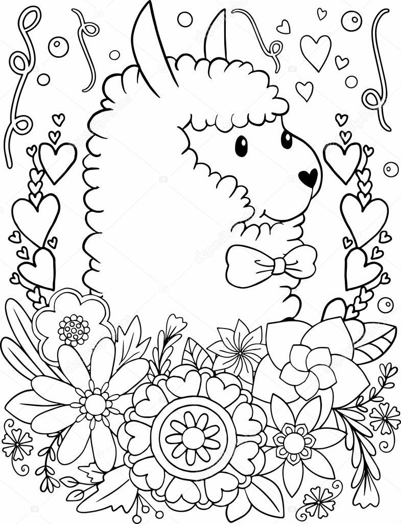 Hand draws Cute Alpaca with flowers element vector doodle. Black and white lines - Vector
